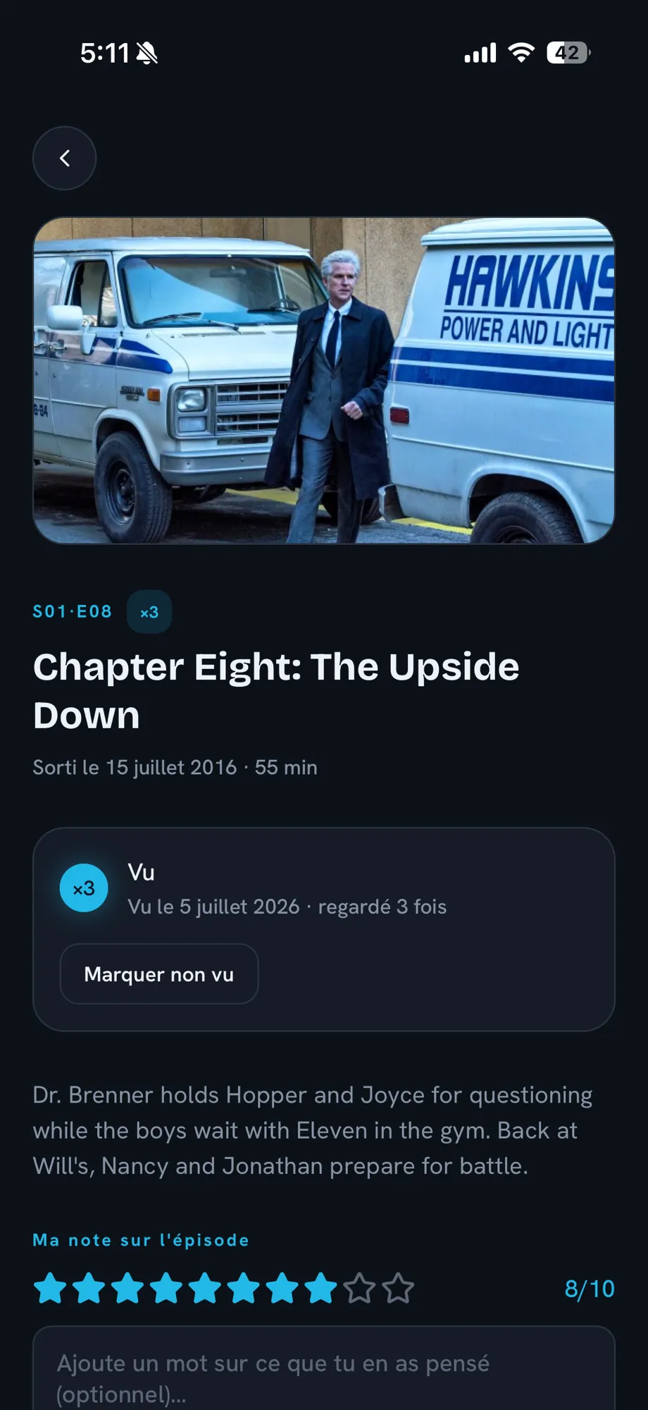 Fiche d’un épisode : date de sortie, statut vu avec compteur de re-visionnages, synopsis et note perso