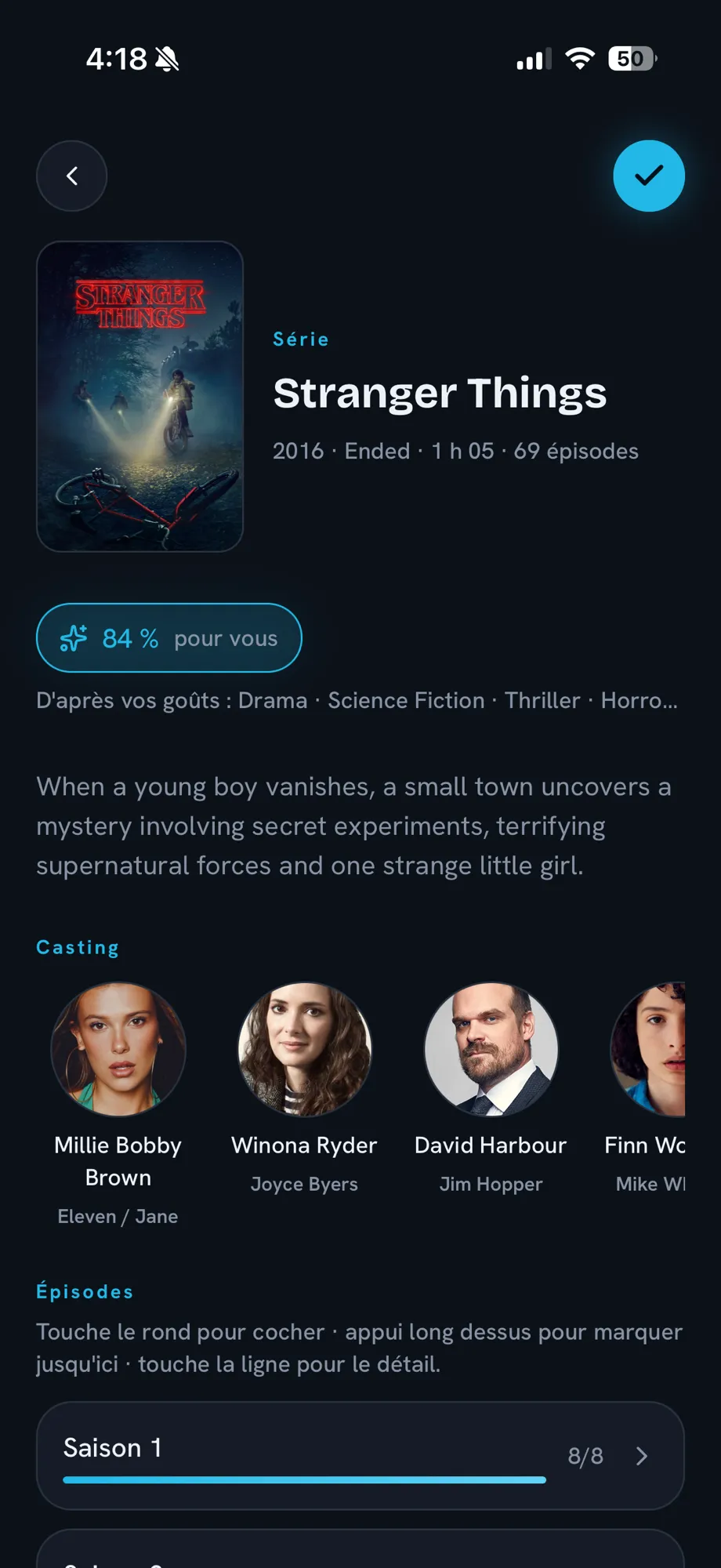 Fiche d’une série : affinité « pour vous », casting et progression épisode par épisode