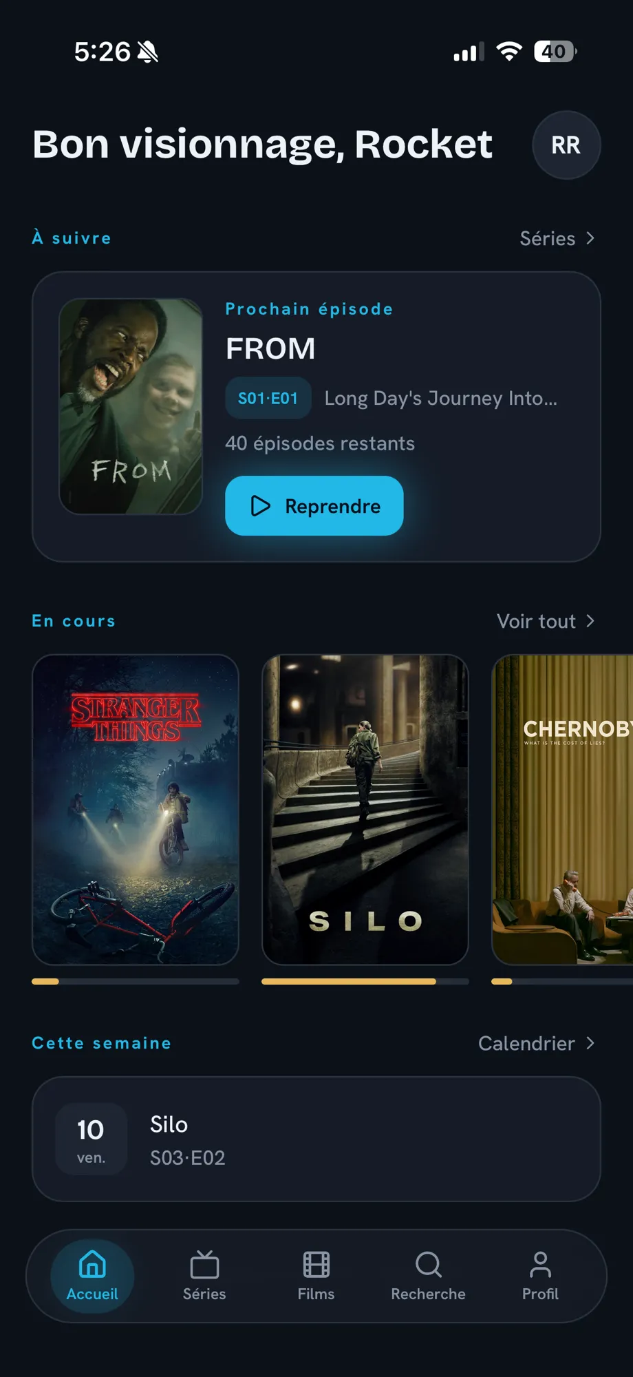 Écran d’accueil de RakoonTV : séries en cours et calendrier des sorties de la semaine
